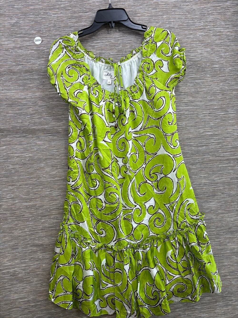Milly Sundress Womens Size 6 Green Paisley Silk Ruffle Hem Scoop Neck Short Mini